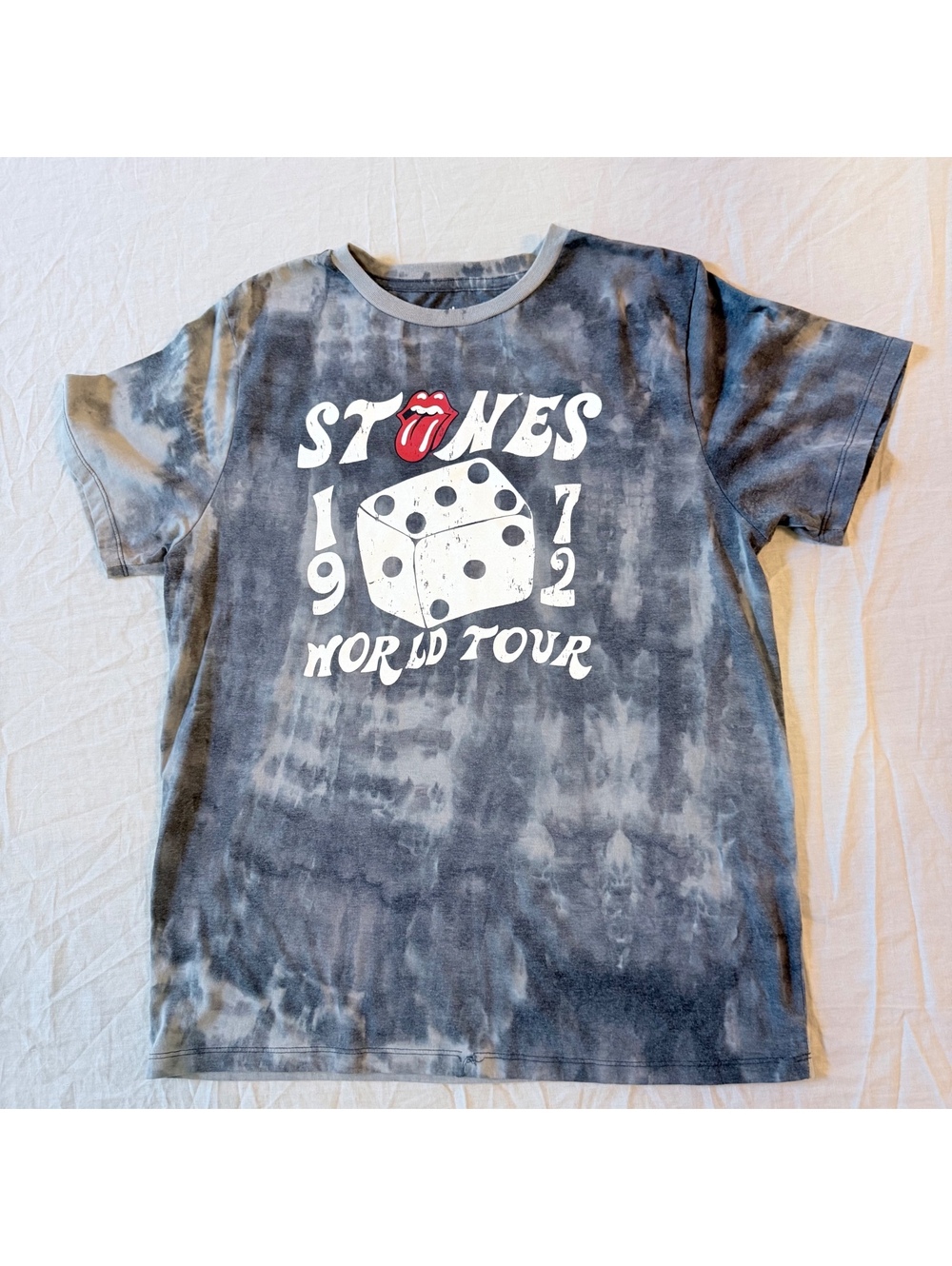 The Rolling Stones 1972 World Tour Black Gray Tie-Dye Graphic T-Shirt Large